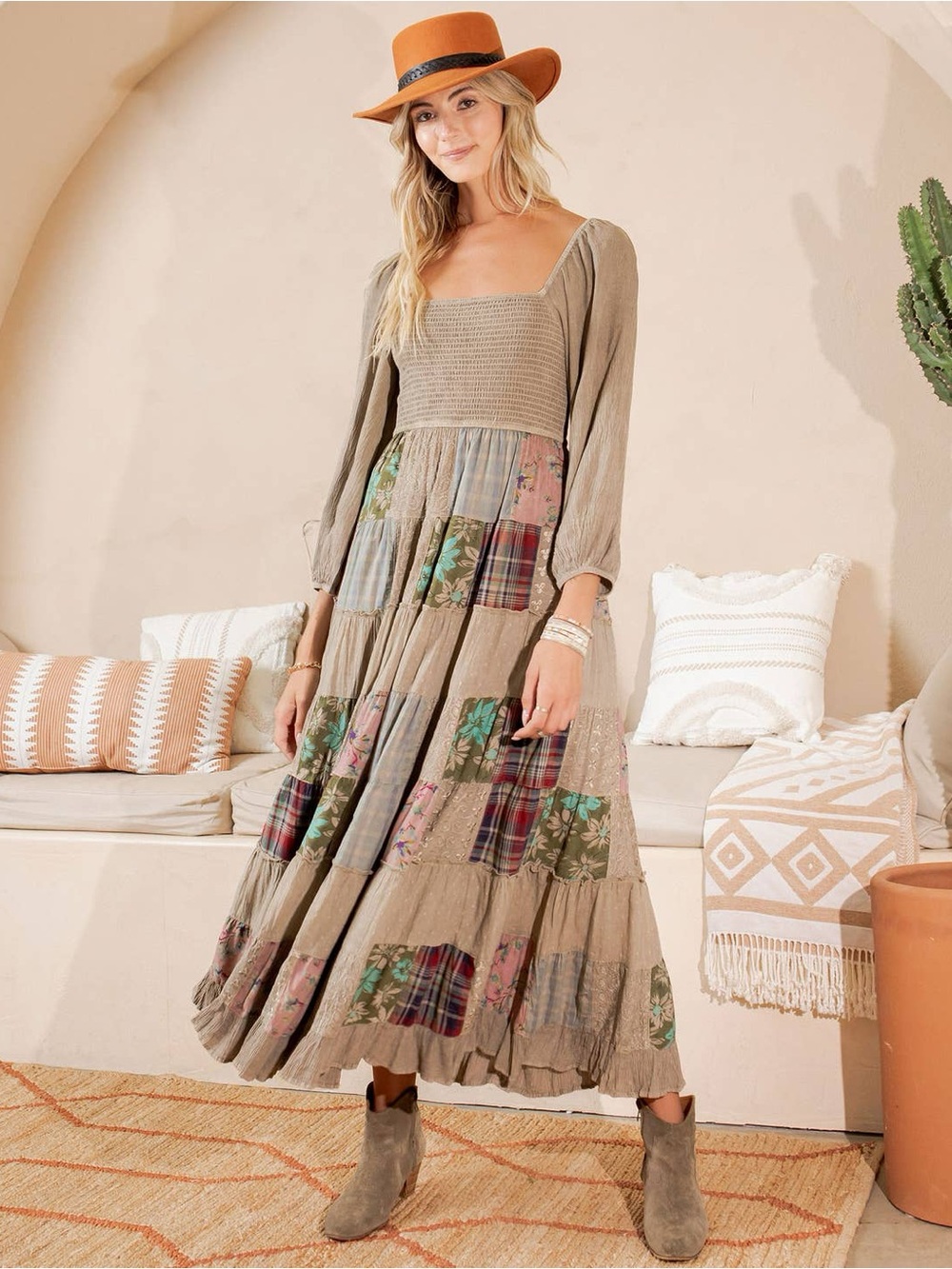 Young Threads Rustic Bohemian Smocked Patchwork Maxi Dress NWT S